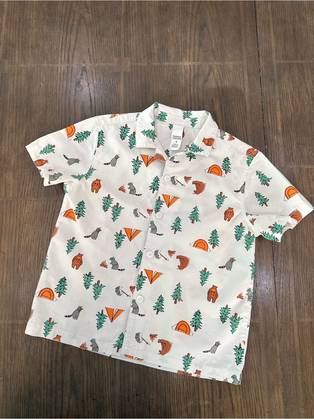 Boys Size 4 Harper Canyon White shortsleeved Button-Up Shirt with Camping Theme